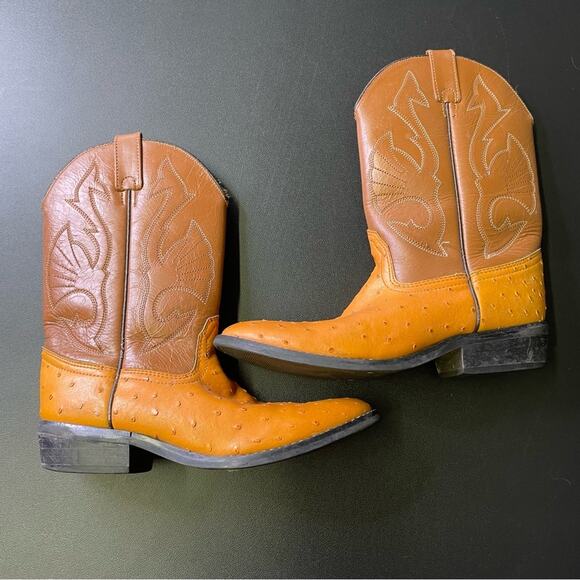 Acme Cowboy Boots Vintage Faux Ostrich Size 4.5 Orange Brown 90s Western Rodeo - Picture 5 of 9